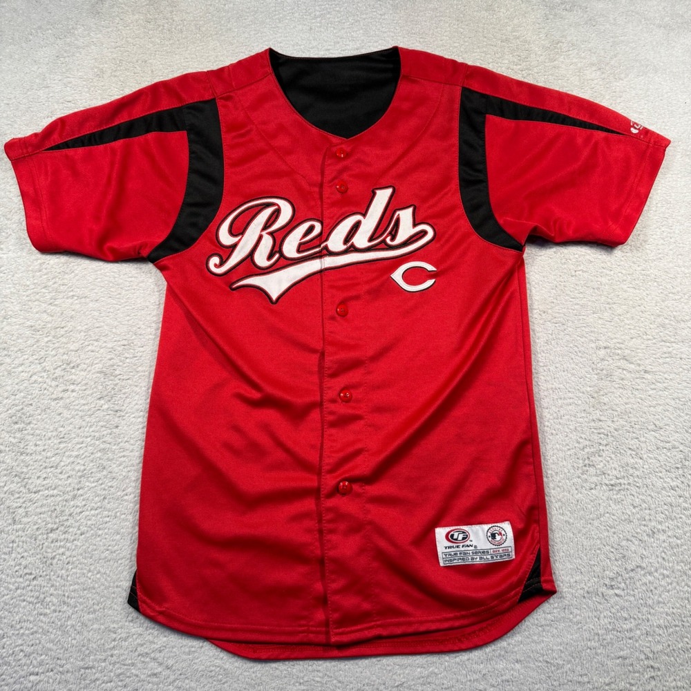 Vintage Y2K True‎ Fan Cincinnati Reds Jersey MLB Baseball Button Up Red  Kids L